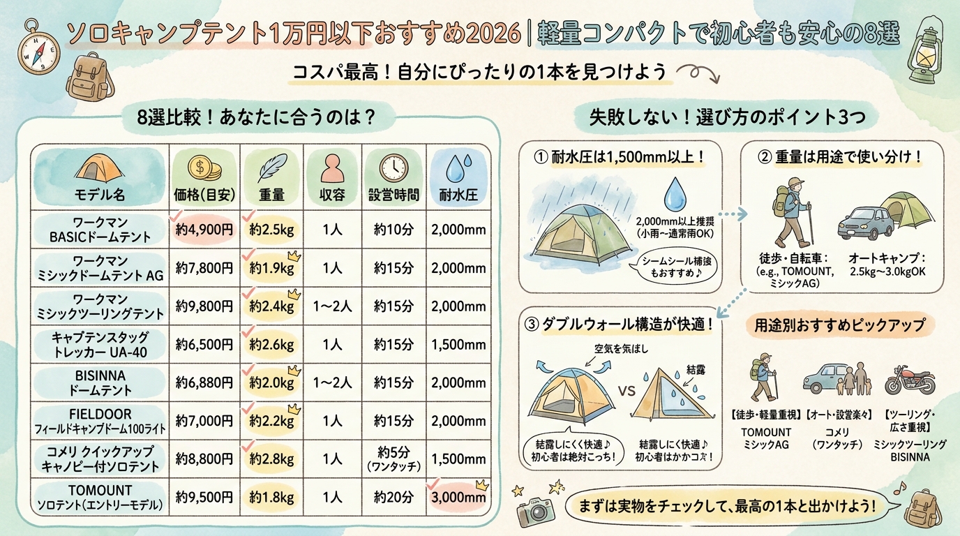 ソロキャンプテント1万円以下おすすめ2026｜軽量コンパクトで初心者も安心の8選