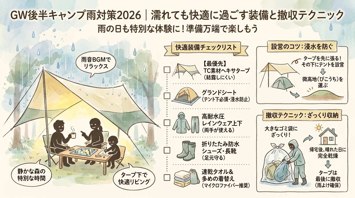 GW後半キャンプ雨対策2026｜濡れても快適に過ごす装備と撤収テクニック