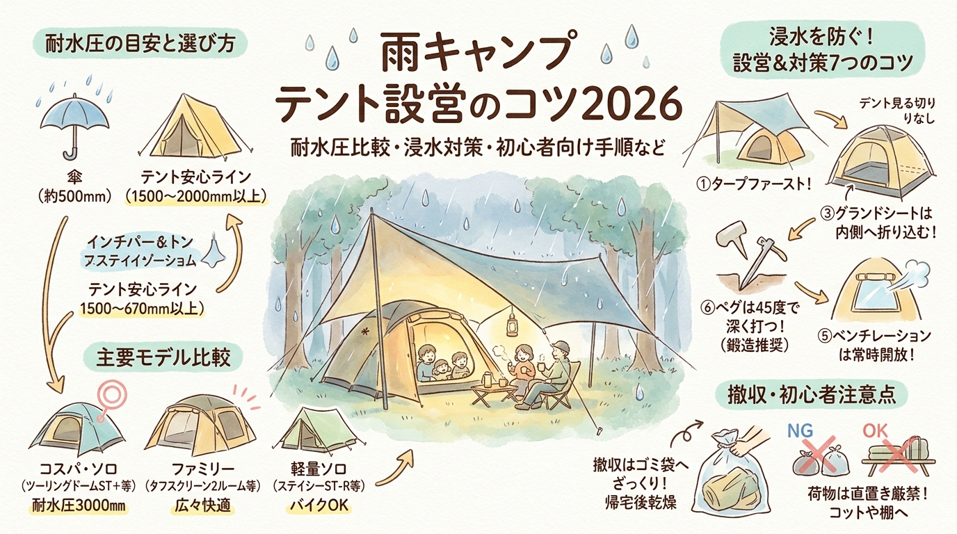 雨キャンプ テント設営のコツ2026 耐水圧比較・浸水対策・初心者向け手順など