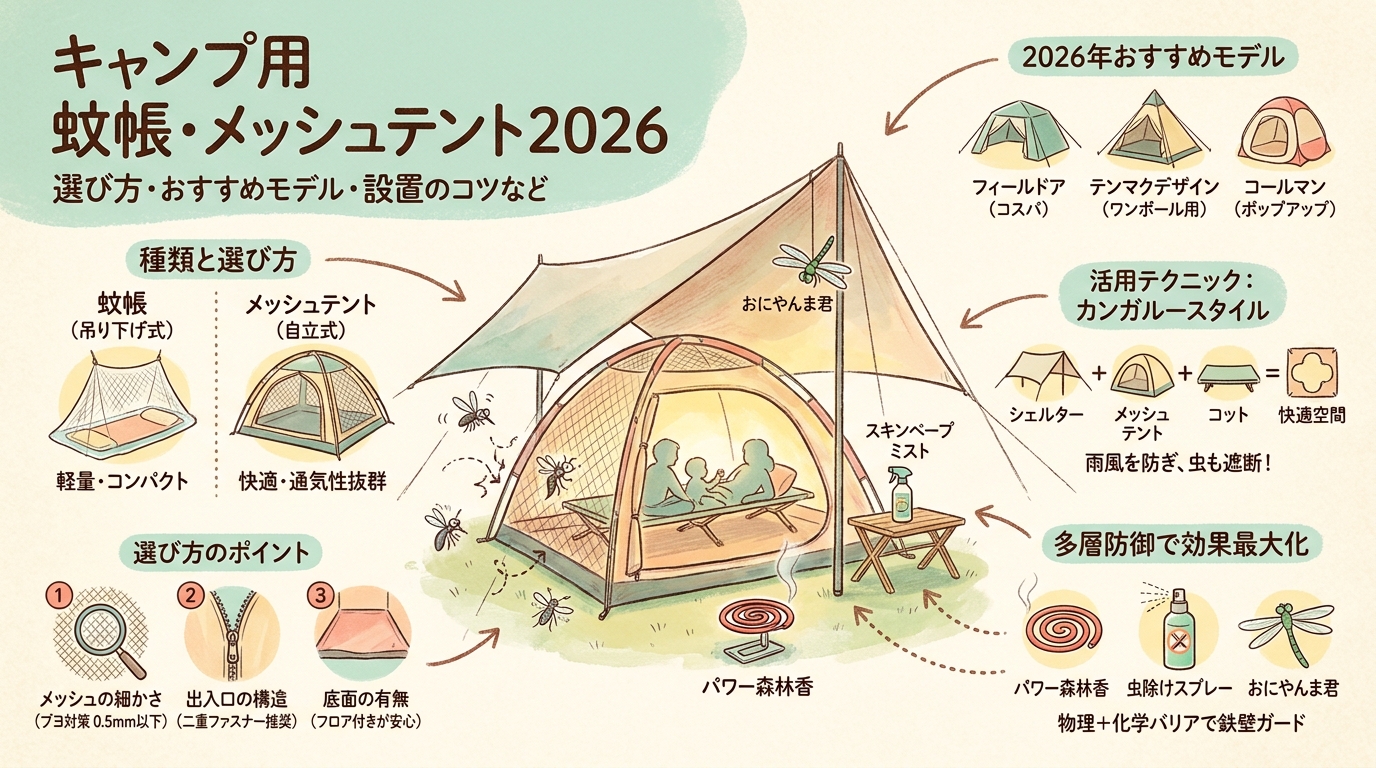 キャンプ用蚊帳・メッシュテント2026 選び方・おすすめモデル・設置のコツなど