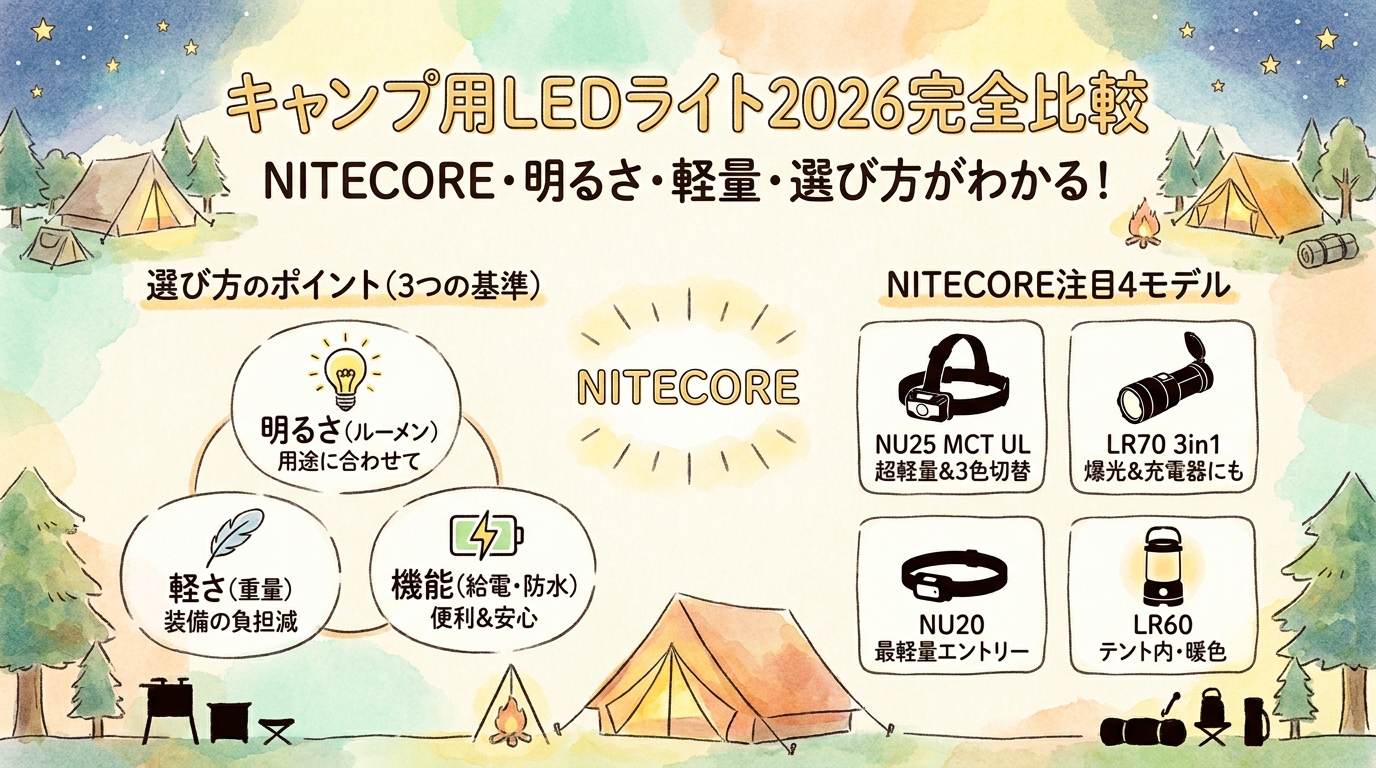 キャンプ用LEDライト2026完全比較 NITECORE・明るさ・軽量モデル・選び方など
