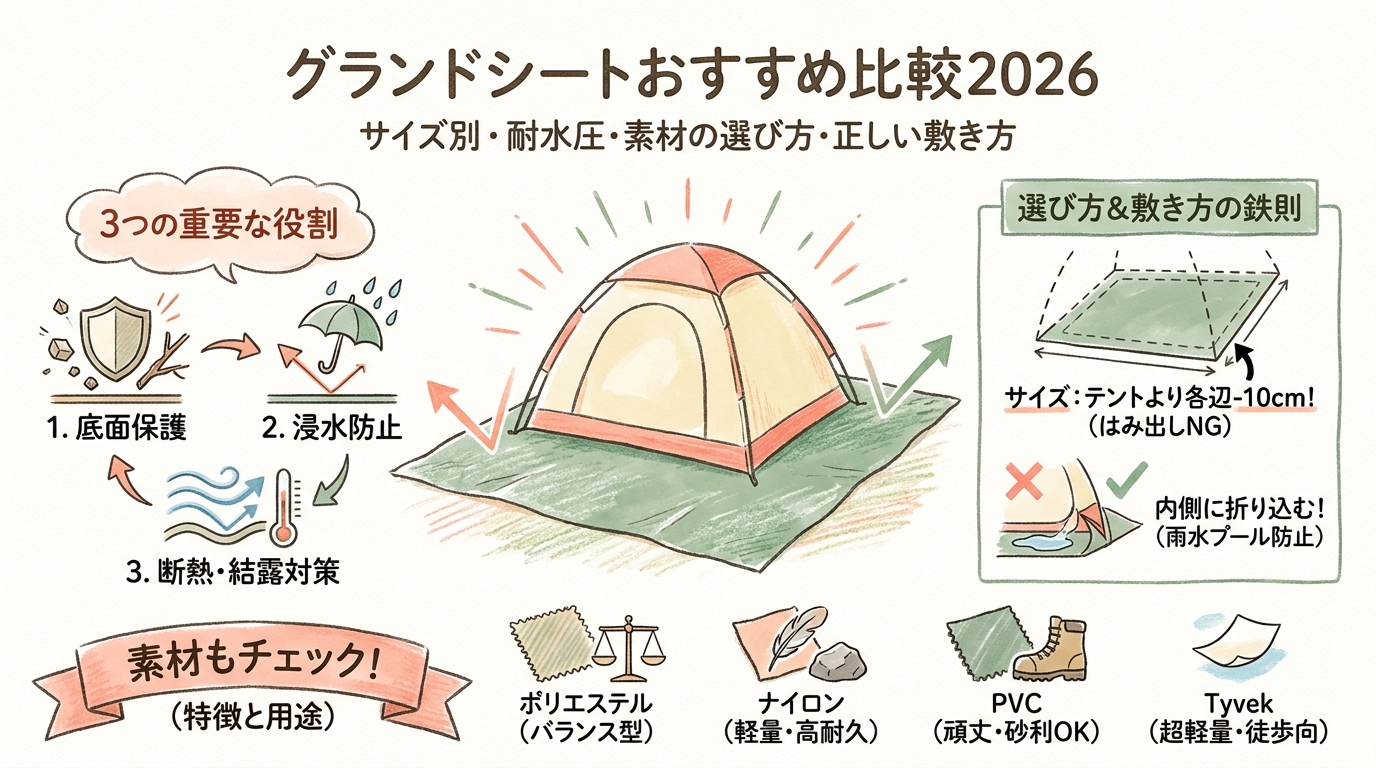 グランドシートおすすめ比較2026 サイズ別・耐水圧・素材の選び方など