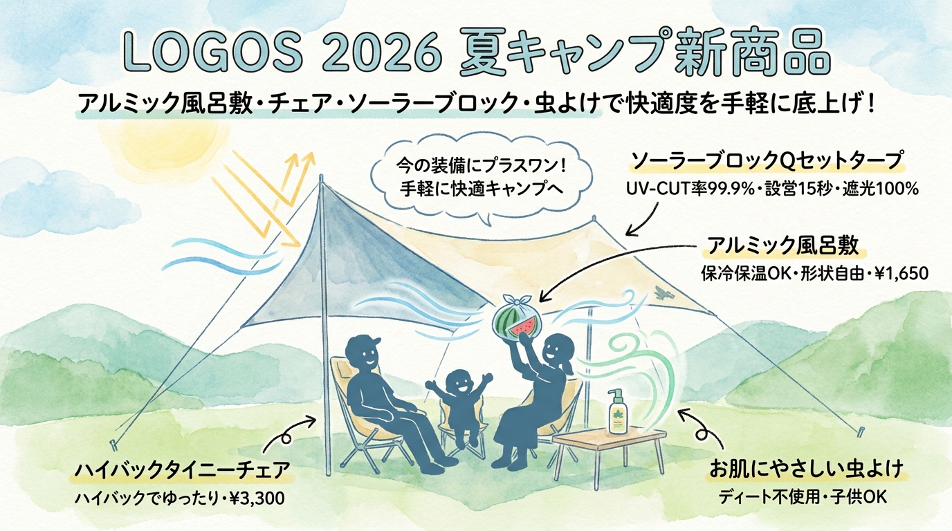 ロゴス2026夏キャンプ新商品 アルミック風呂敷・チェア・ソーラーブロック・虫よけなど