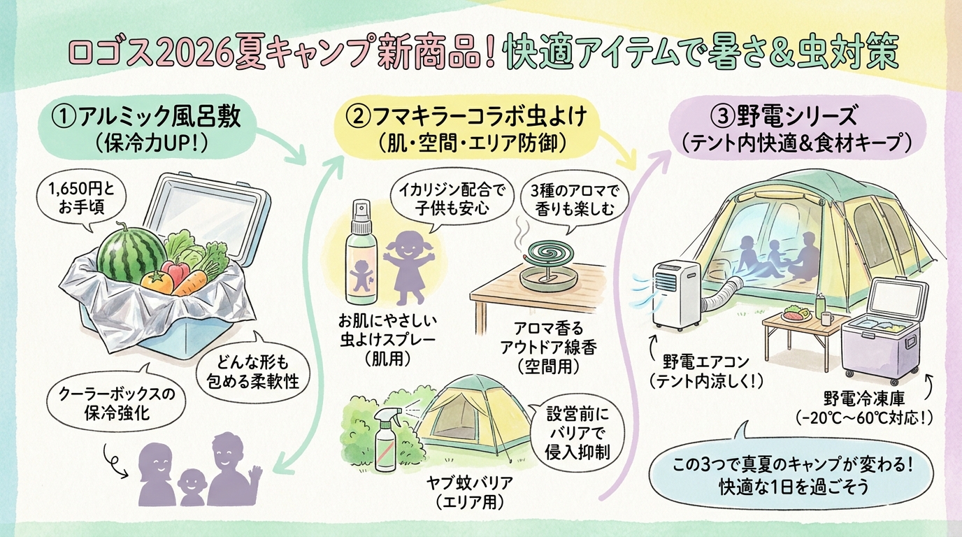 ロゴス2026夏キャンプ新商品 アルミック風呂敷・フマキラー虫よけ・野電エアコンなど