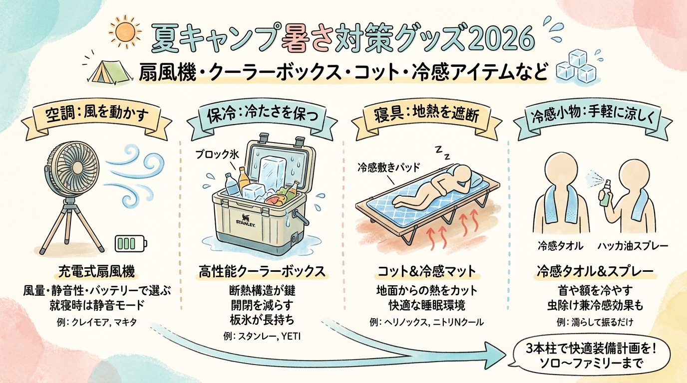 夏キャンプ暑さ対策グッズ2026 扇風機・クーラーボックス・コット・冷感アイテムなど