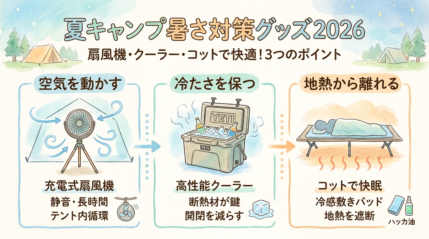 夏キャンプ暑さ対策グッズ2026 扇風機・クーラーボックス・コット・冷感アイテムなど