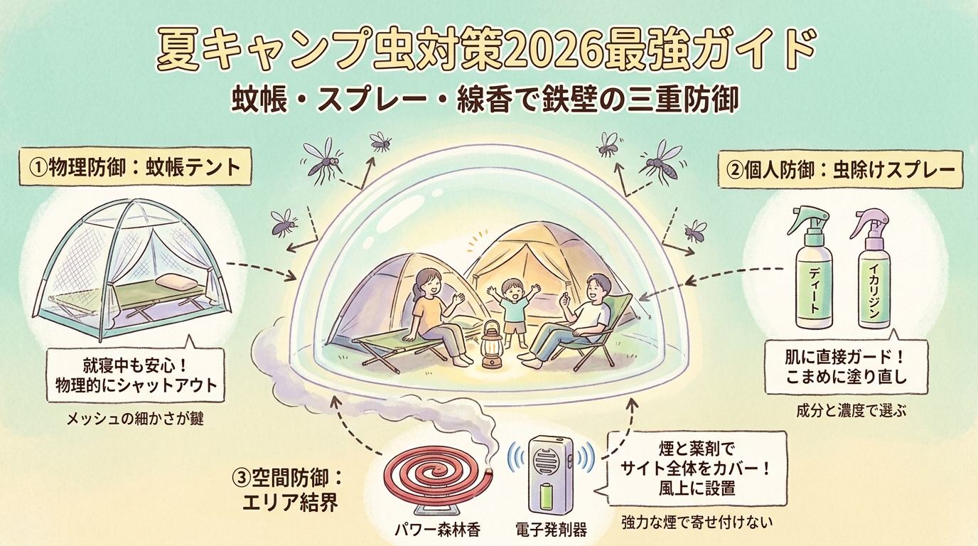 夏キャンプ虫対策2026最強ガイド 蚊帳テント・虫除けスプレー・蚊取り線香・メッシュタープなど