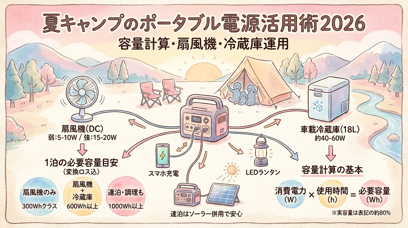 夏キャンプのポータブル電源活用術2026 容量計算・扇風機稼働時間・冷蔵庫運用など