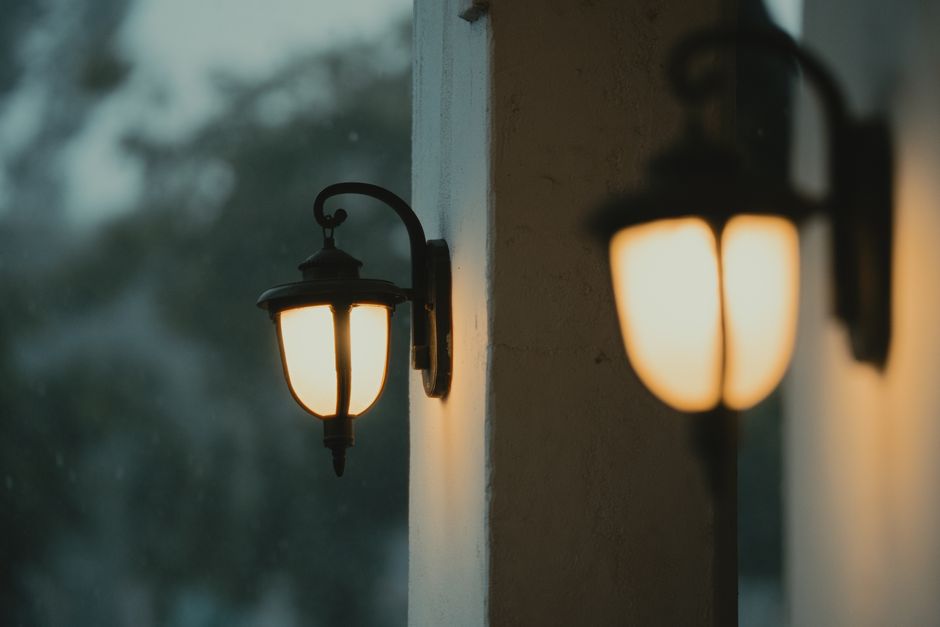 伝統的なランタンの温かい光が、夕暮れ時の屋外に雰囲気を醸し出します。