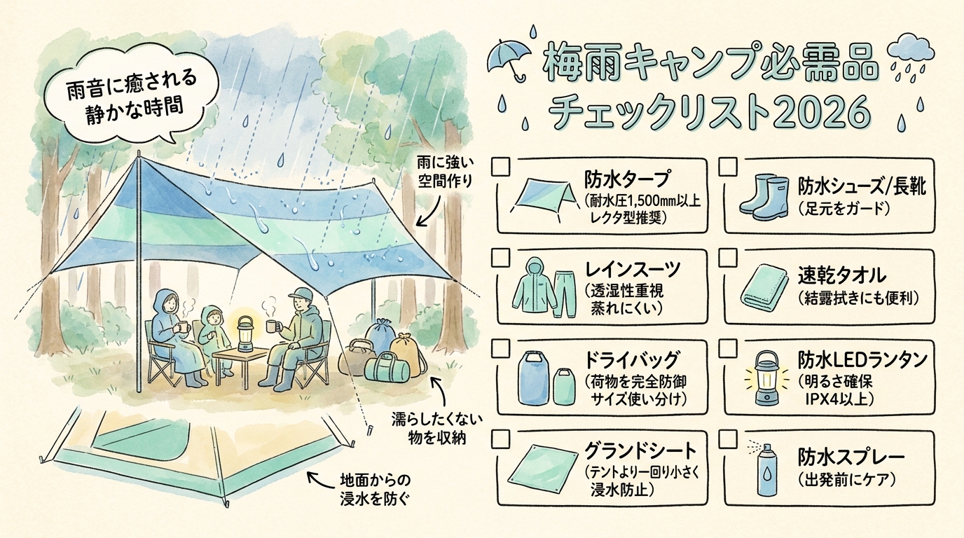 梅雨キャンプ必需品チェックリスト2026 防水ギア・タープ・レインウェアなど