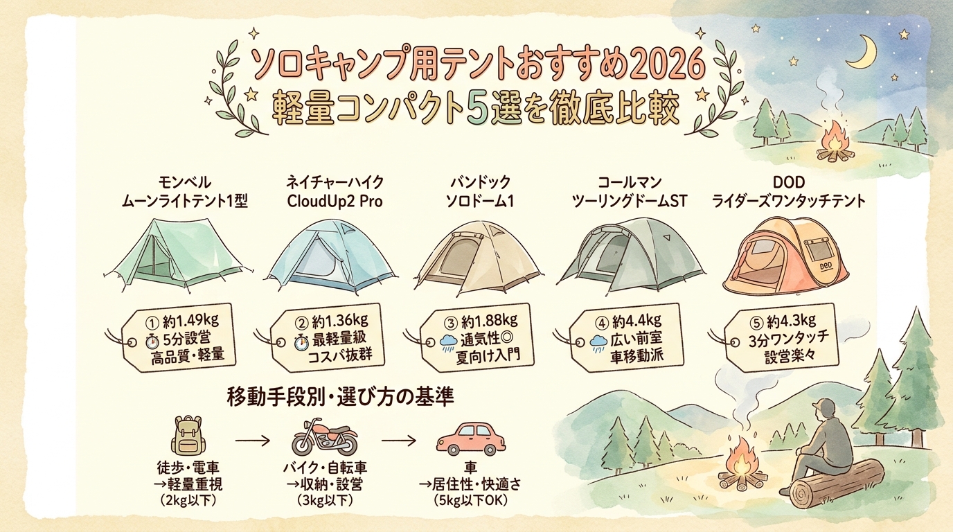 ソロキャンプ用テントおすすめ2026 軽量コンパクト5選を徹底比較