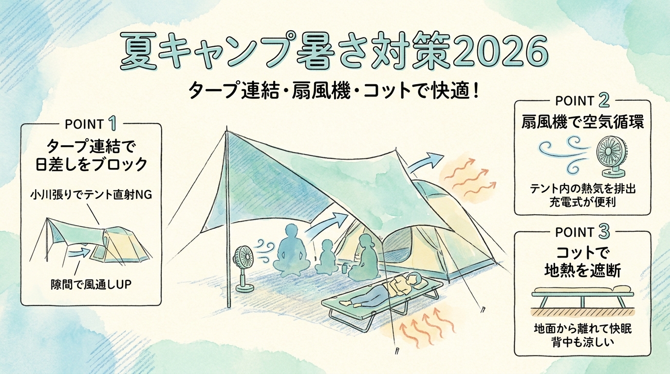 夏キャンプ暑さ対策2026 タープ連結・扇風機・コット・遮熱グッズなど