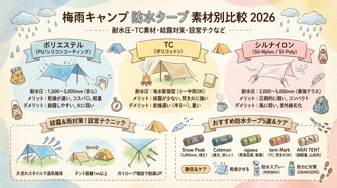 梅雨キャンプ防水タープ素材別比較2026 耐水圧・TC素材・結露対策・設営テクなど