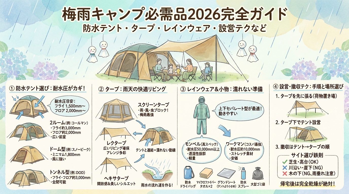梅雨キャンプ必需品2026完全ガイド 防水テント・タープ・レインウェア・設営テクなど