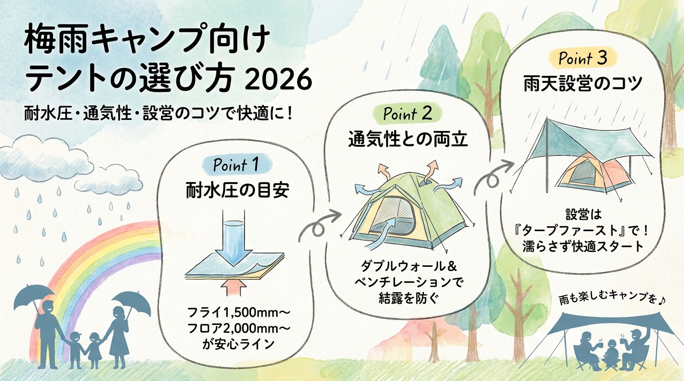 梅雨キャンプ向けテントの選び方2026 耐水圧・通気性・設営のコツなど